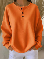 Sarah Express Women's Waffle Knit Button Detail Top - Plus Size Long Sleeve Casual Shirt Orange