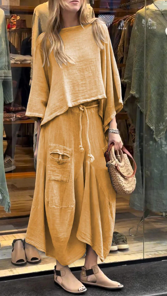 Women's Casual Solid Two Piece Set Loose Top Pants Outfit