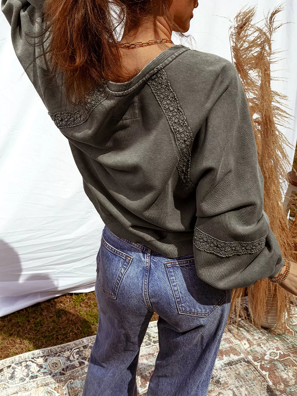 Sarah Express Women's Lace Patchwork Detail Notched Mineral Wash Sweatshirt