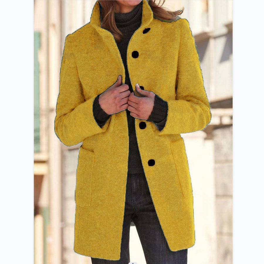 Women's Stand Collar Woolen Coat Button Front Outerwear
