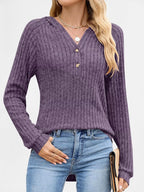 Sarah Express Women's Ribbed Knit Button Detail Hooded Top