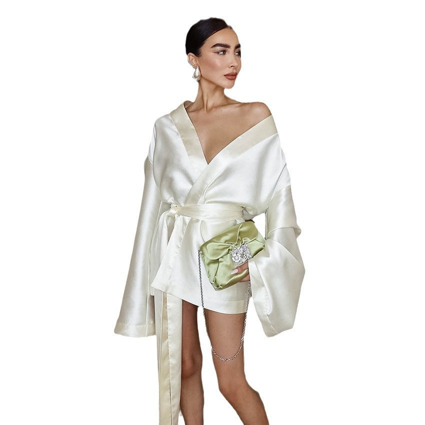 V-Neck Lace-Up Satin A-Line Dress Long Sleeve