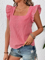 Sarah Express Women's Gingham Ruffle Sleeve Square Neck Blouse