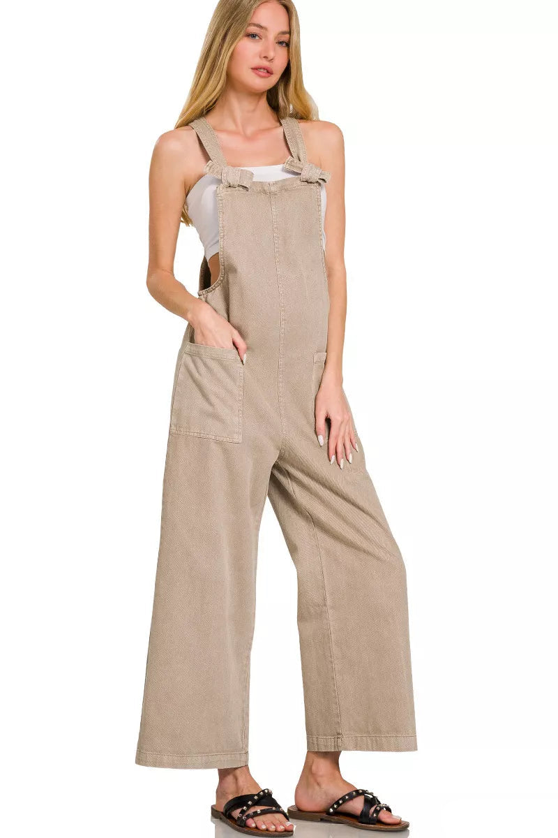 Sarah Express Women's Knot Strap Jumpsuit - Washed Cotton Pocketed for Casual & Weekend
