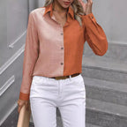 Women's Color Block Button Front Long Sleeve Shirt