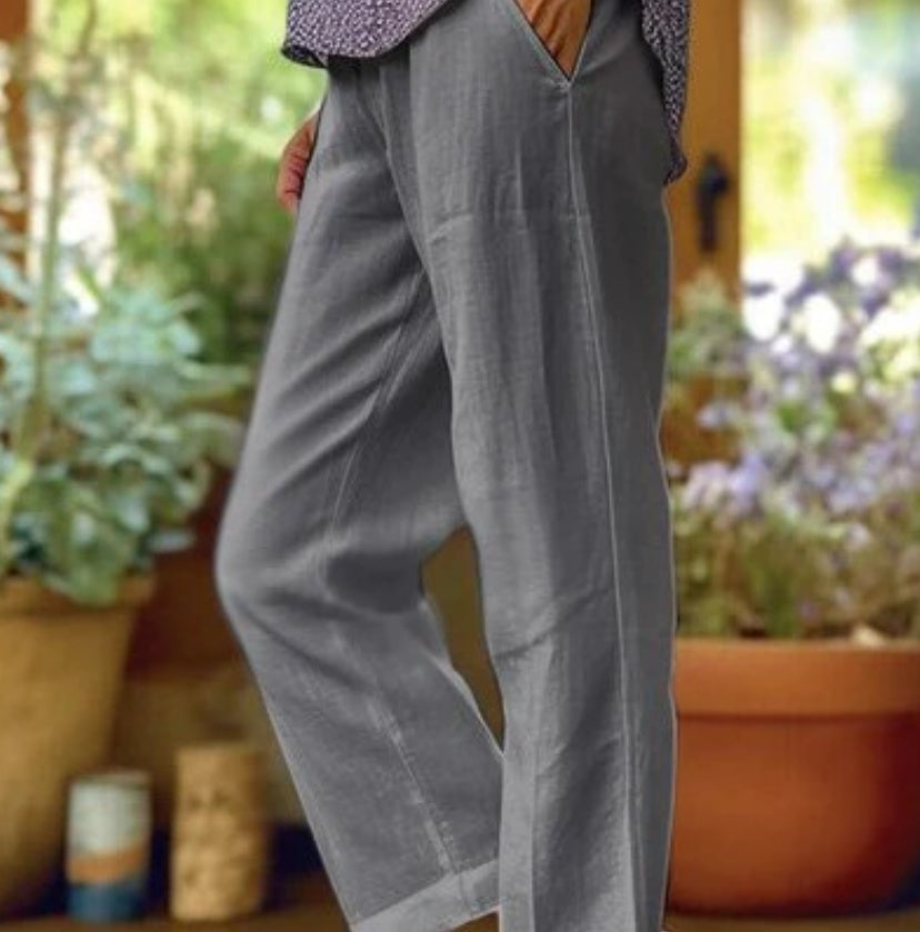 Women's Cotton Straight Leg Pants - Casual Mid-Waist Loose Fit Trousers