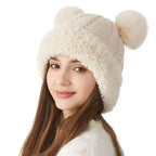 Sarah Express Women's Double Pom-Pom Knitted Winter Hat Fur Ball Dome Crown Windproof