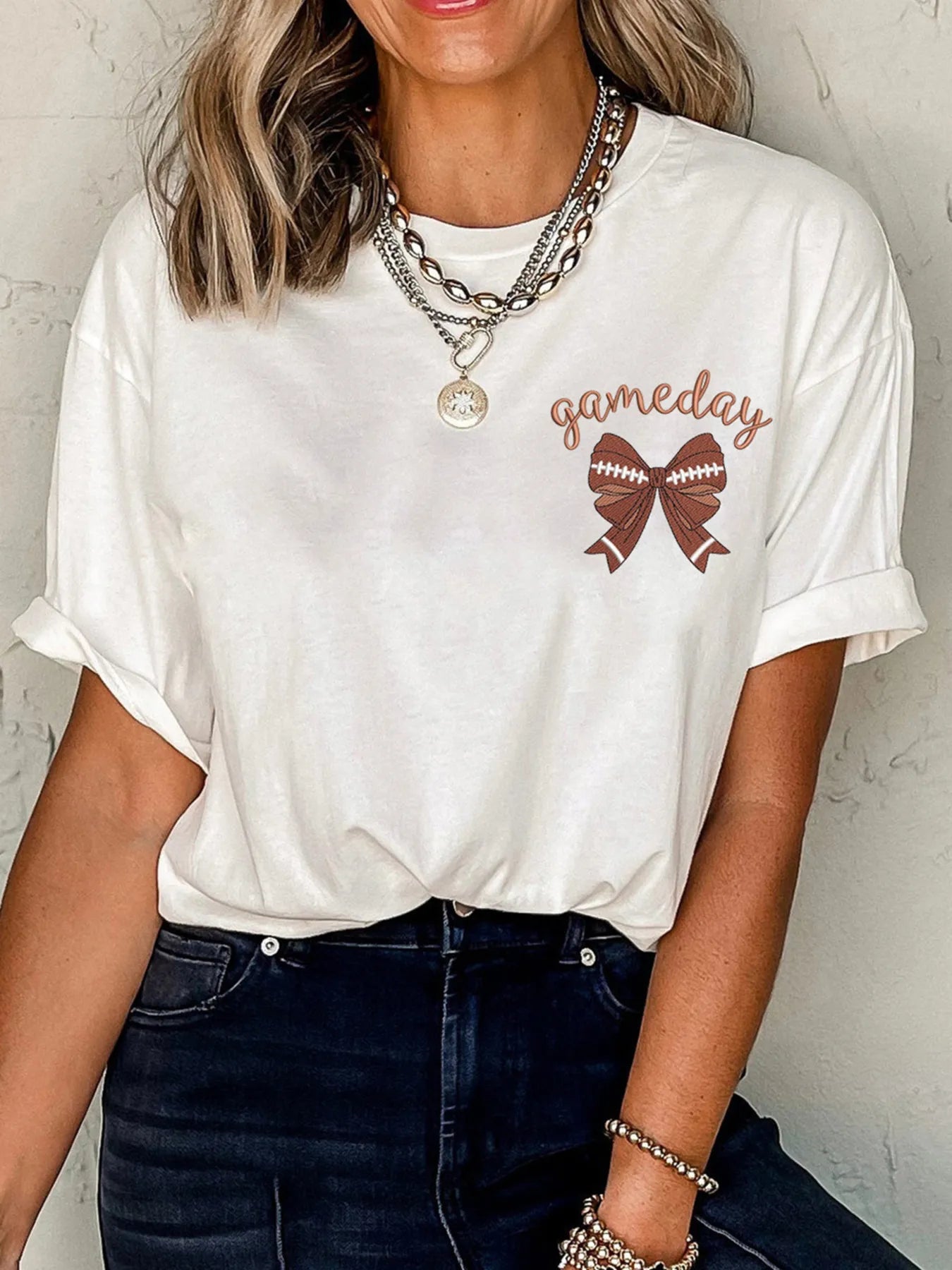 Sarah Express Women's Game Day Bowknot Embroidered Casual Tee