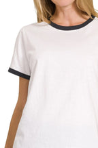 Sarah Express Women's Contrast Binding Ringer Tee | White Black Trim | 100% Cotton | S-L