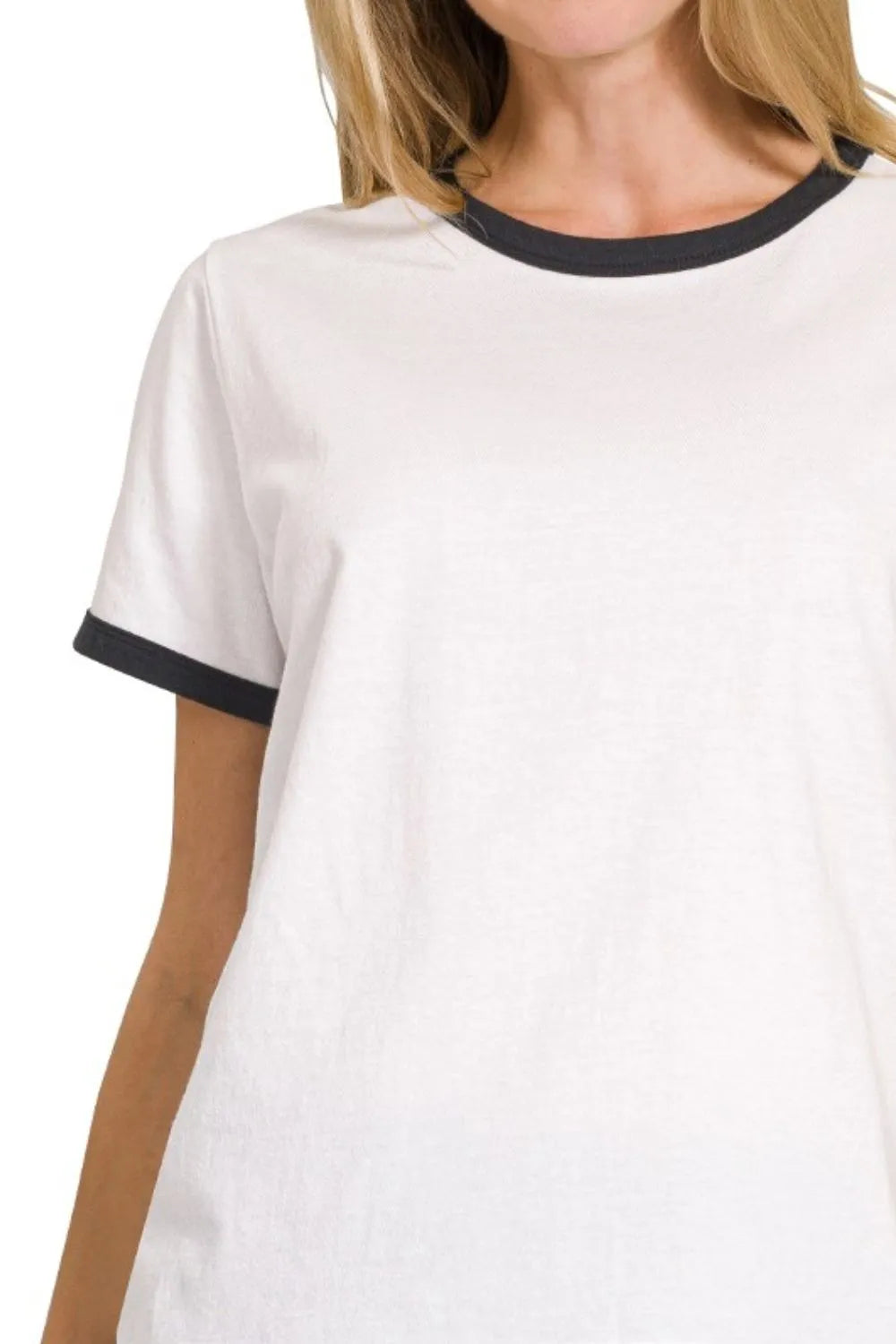 Sarah Express Women's Contrast Binding Ringer Tee | White Black Trim | 100% Cotton | S-L