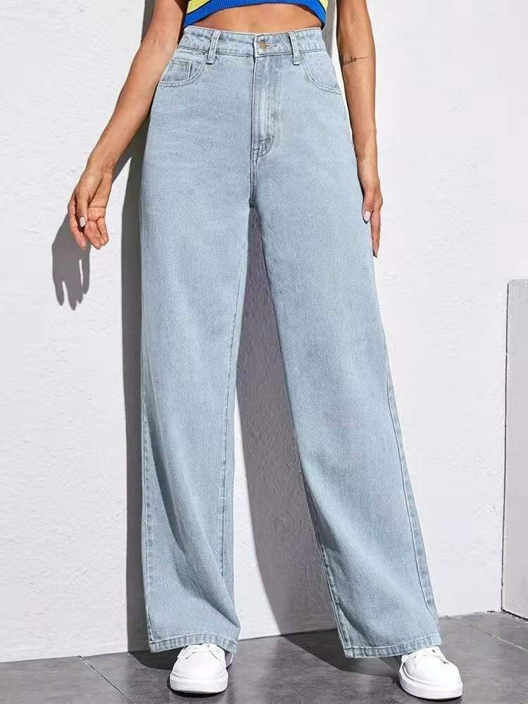 Women's Mid-Waist Straight Leg Jeans - Washed Cotton Denim S-5XL Available in 9 Colors