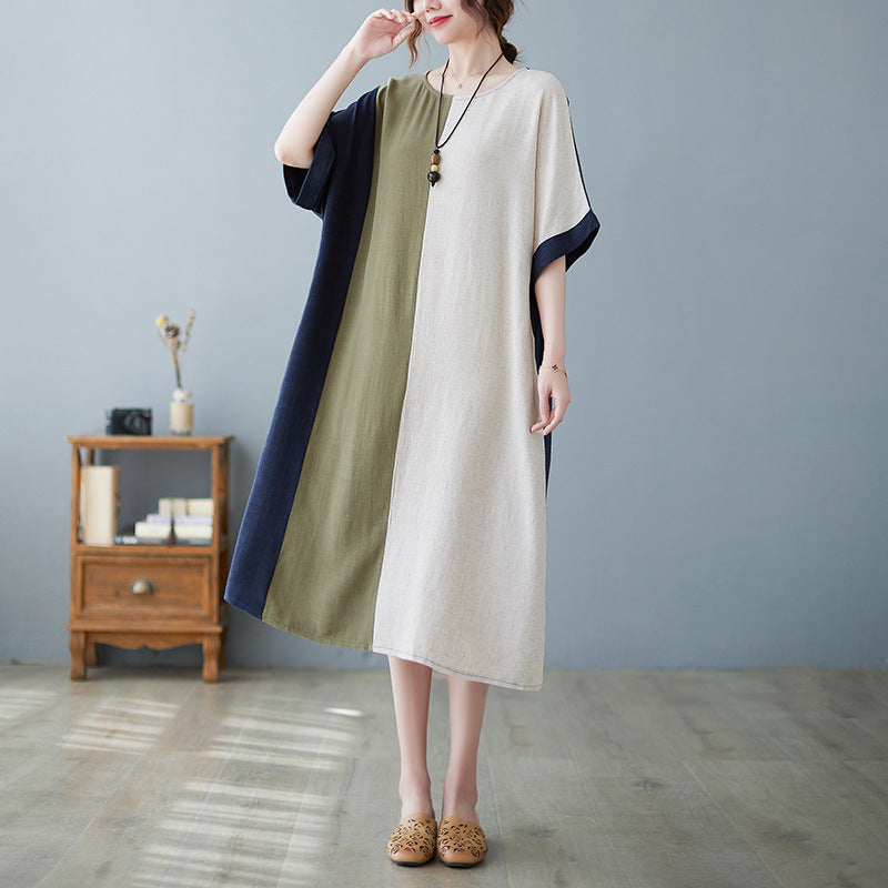 Women's Cotton Linen Contrast Paneled Dress Loose Fit Half Sleeve Midi Literary Style