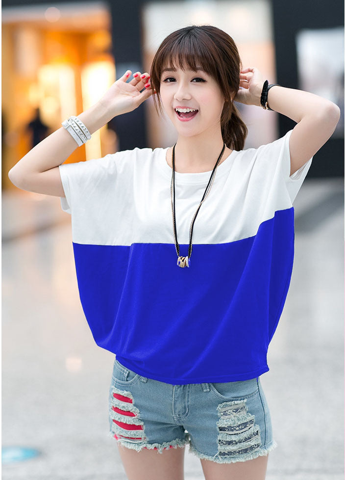 Women's Color Block Batwing Sleeve Top Short Sleeve Casual Loose Fit Shirt