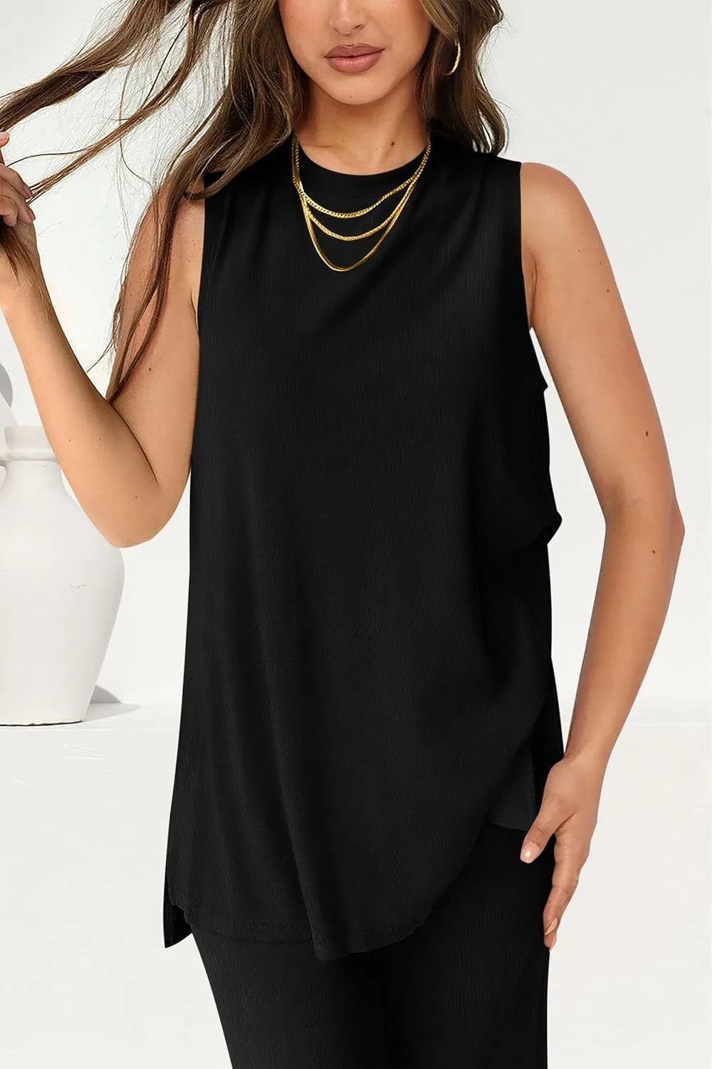 Sarah Express Women's Round Neck Tank and Pants Set Black