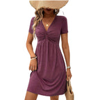 Women's V-Neck Twist Detail Short Sleeve Mid-Length Dress