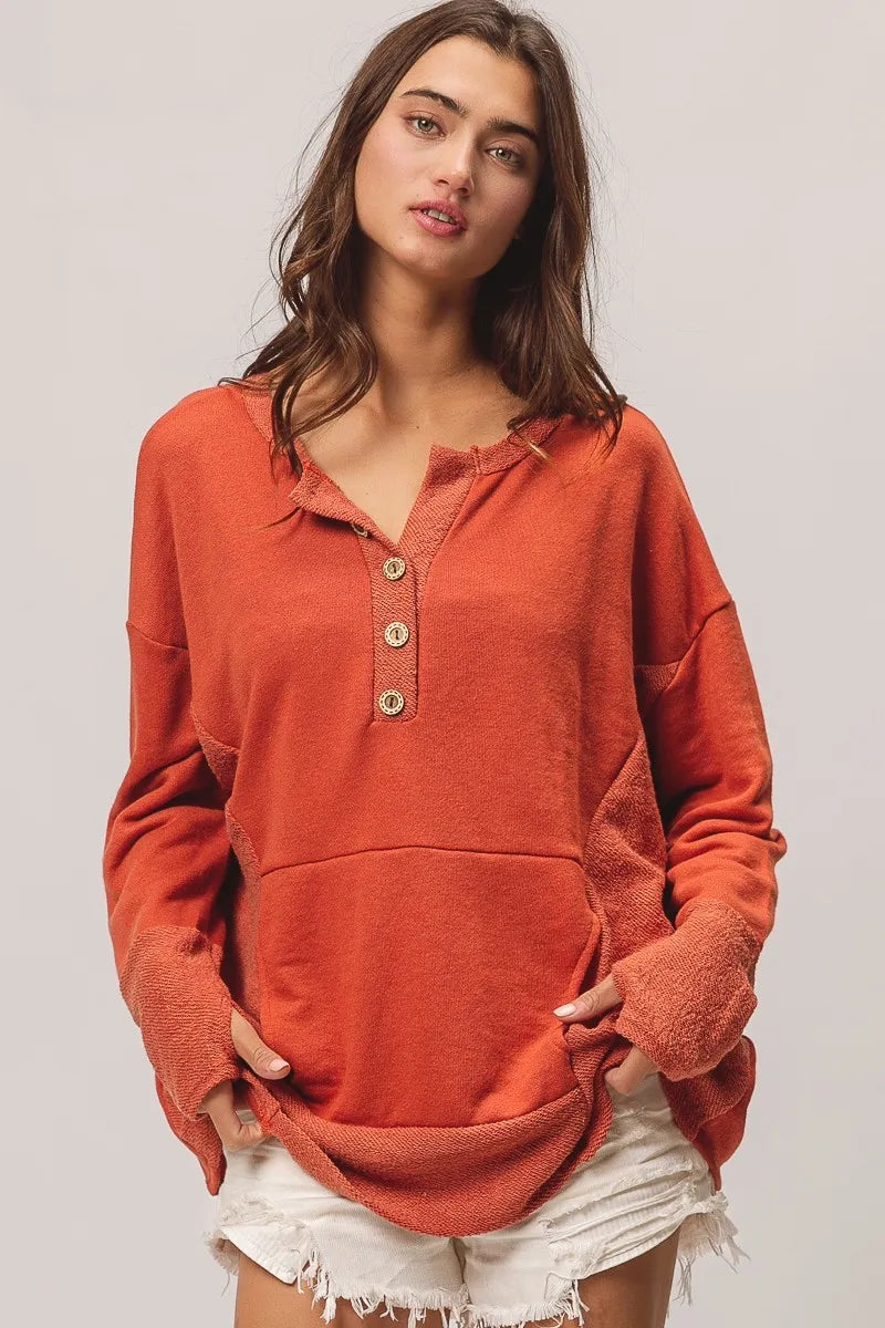 Sarah Express Women’s French Terry Henley Top Side Block Oversized Casual Fall RUST