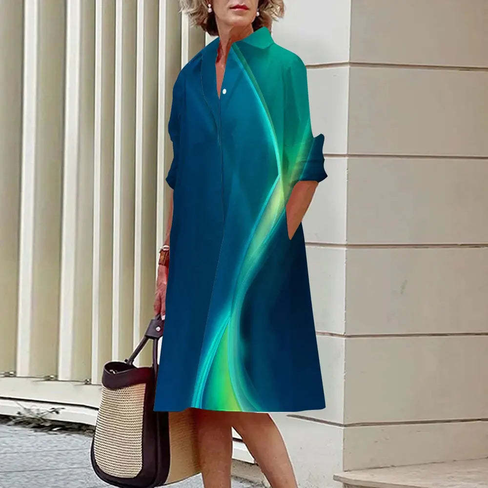 Women's Polo Collar Shirt Dress Long Sleeve Mid Length Cotton Blend Casual