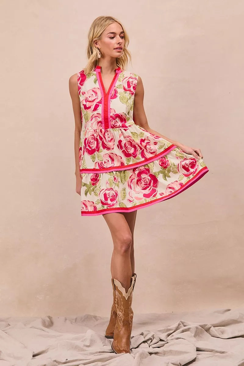 Trendsi BiBi Floral Woven Contrast Edge Tiered Ruffle Mini Dress