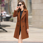 Women's Vintage Windbreaker Knee Length Tweed Coat Double Breasted Long Sleeve