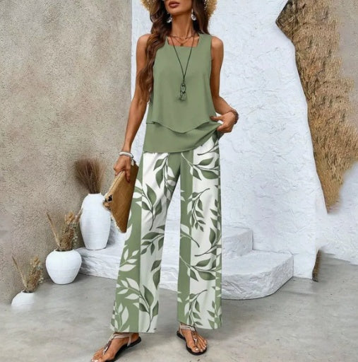 Women's Print Two-Piece Set Sleeveless Double Layer Vest Top Loose Straight Pants Floral Suit