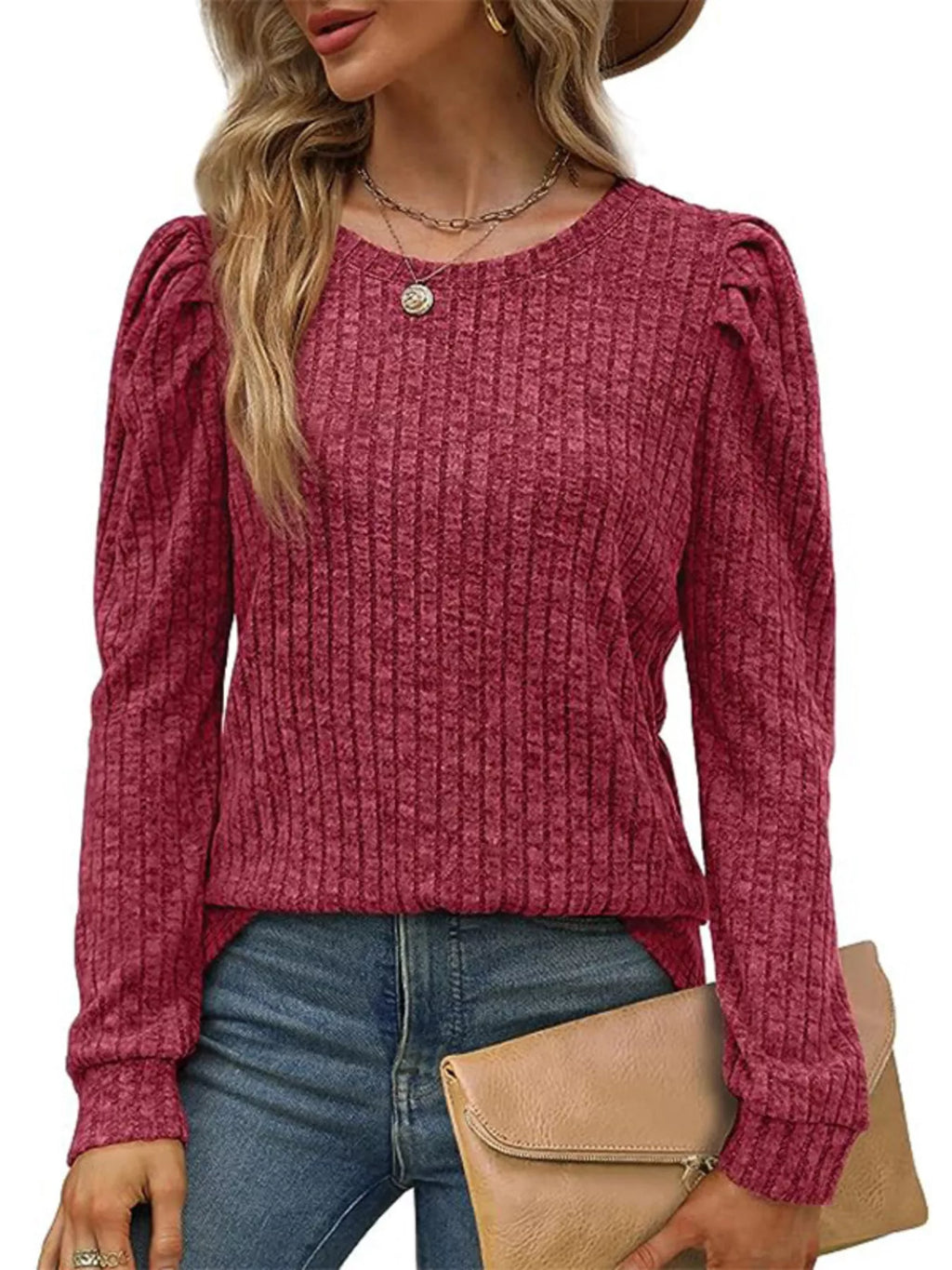 Sarah Express Women's Ribbed Knit Top with Puff Sleeves