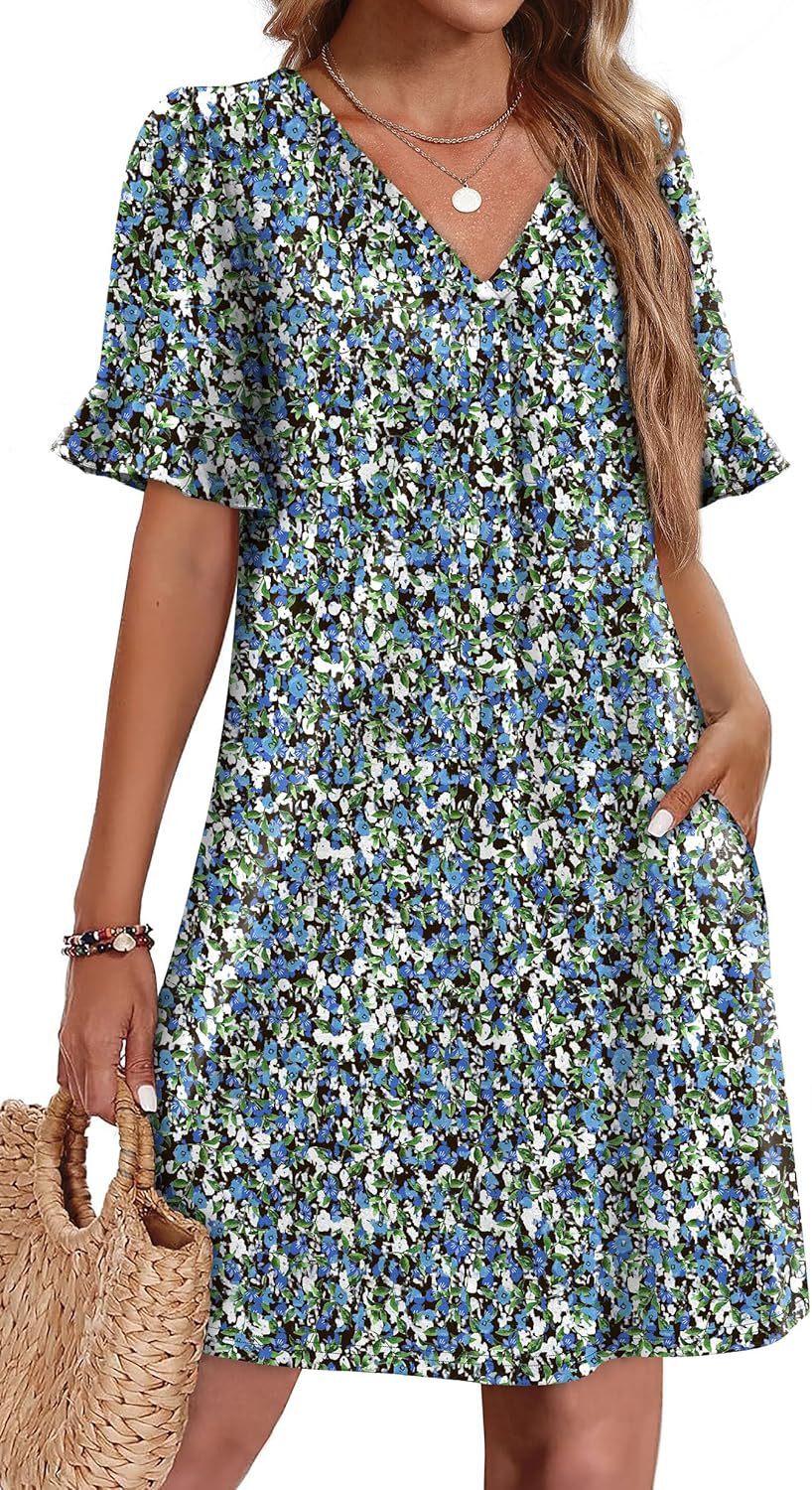 Women's V-Neck Ruffled A-Line Dress with Pockets Vacation Casual Short Sleeve