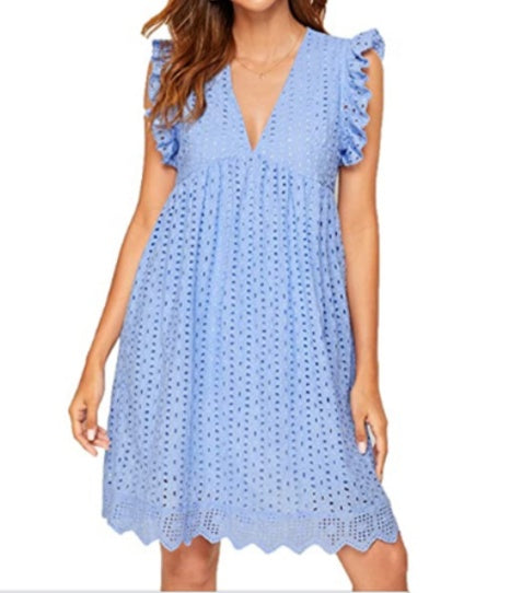 Women's Lace Jacquard V-Neck Midi Dress with Pockets Sleeveless A-Line Cotton Blend Summer Beach Dress