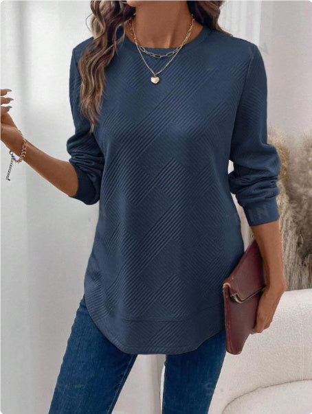 Women's Crew Neck Long Sleeve Casual Shirt Embossed Texture