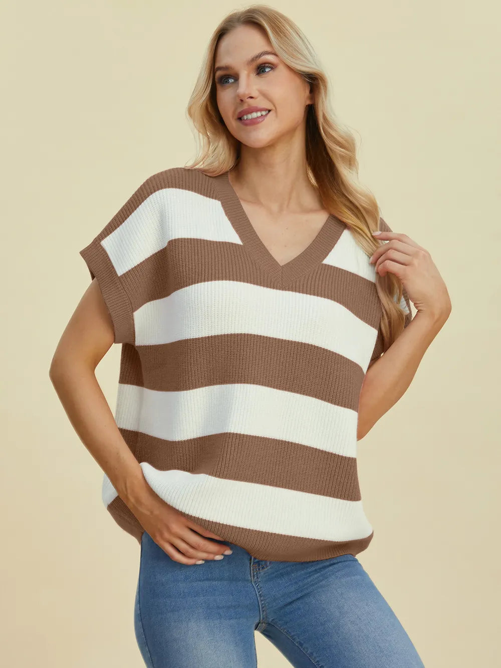 Sarah Express Women's Striped V-Neck Short Sleeve Sweater