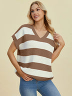 Sarah Express Women's Striped V-Neck Short Sleeve Sweater