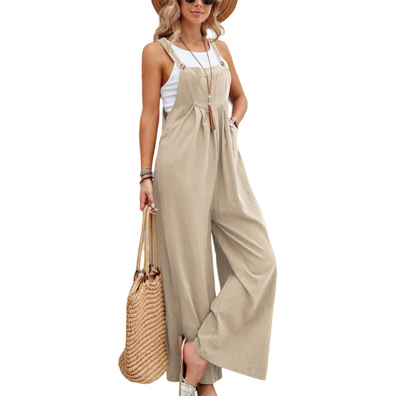 Women's Solid Color Cotton Suspender Trousers Casual Overall Straight Leg Mid Waist with Pockets