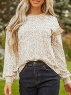Sarah Express Women's Leopard Ruffle Detail Ribbed Trim Round Neck Sweatshirt