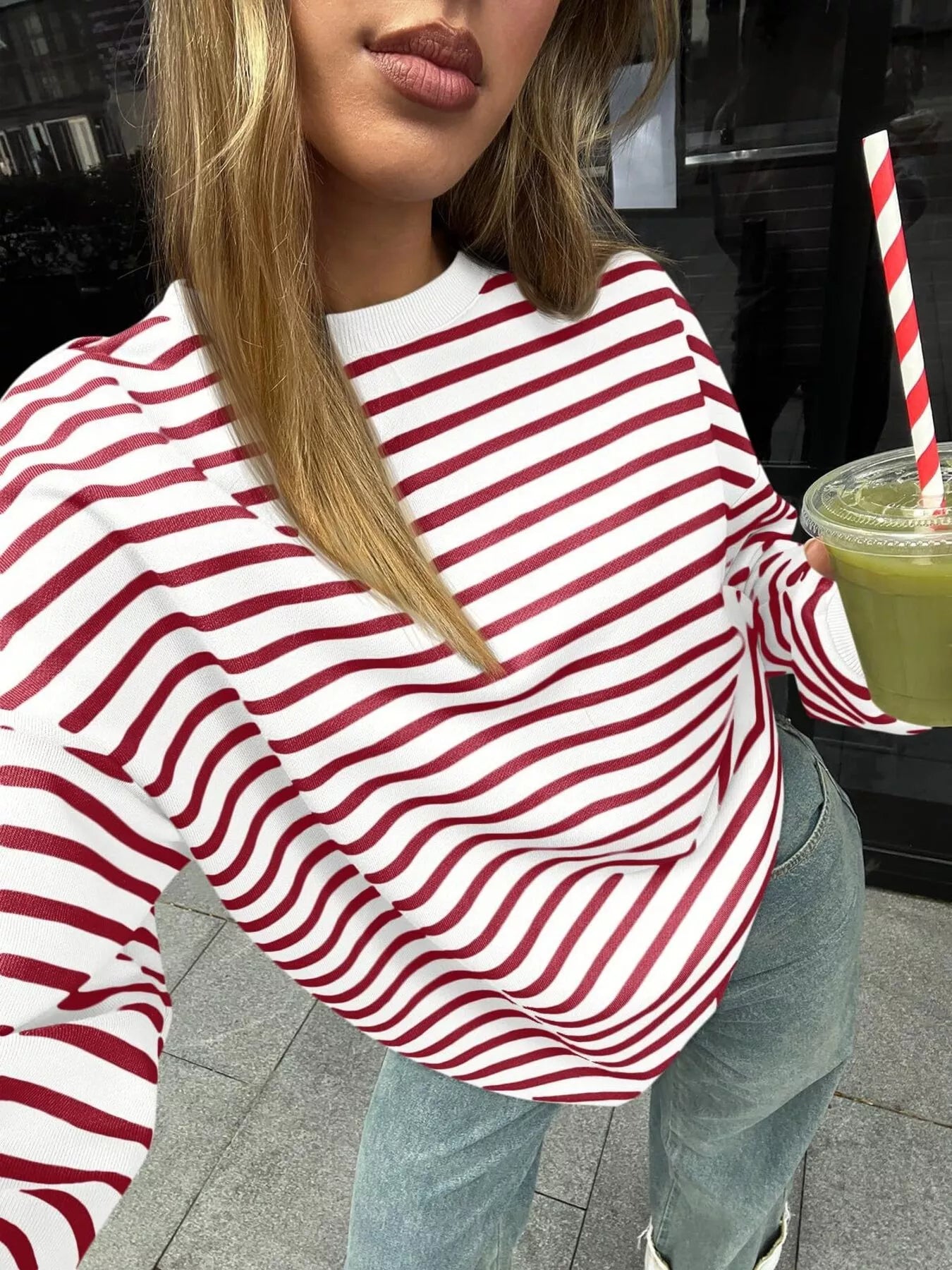 Sarah Express Women's Striped Round Neck Oversized Casual Sweatshirt