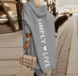 Women's Letter Print Hooded Long Cardigan Oversized Knit