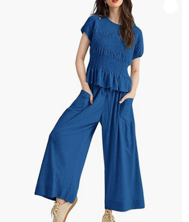 Pleated Top Wide Leg Pants 2-Piece Matching Set