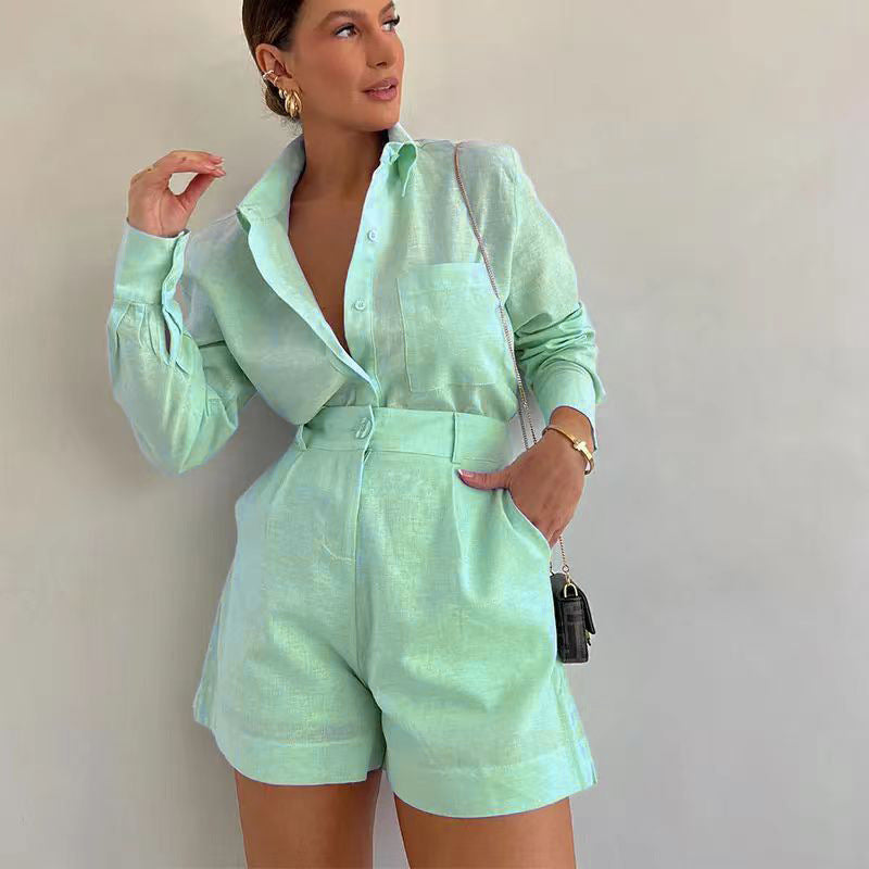 Women's Long Sleeve Blazer and Shorts Two-Piece Suit Set Professional Casual