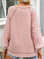 Sarah Express Women's Exposed Seam Ribbed Knit V Neck Top