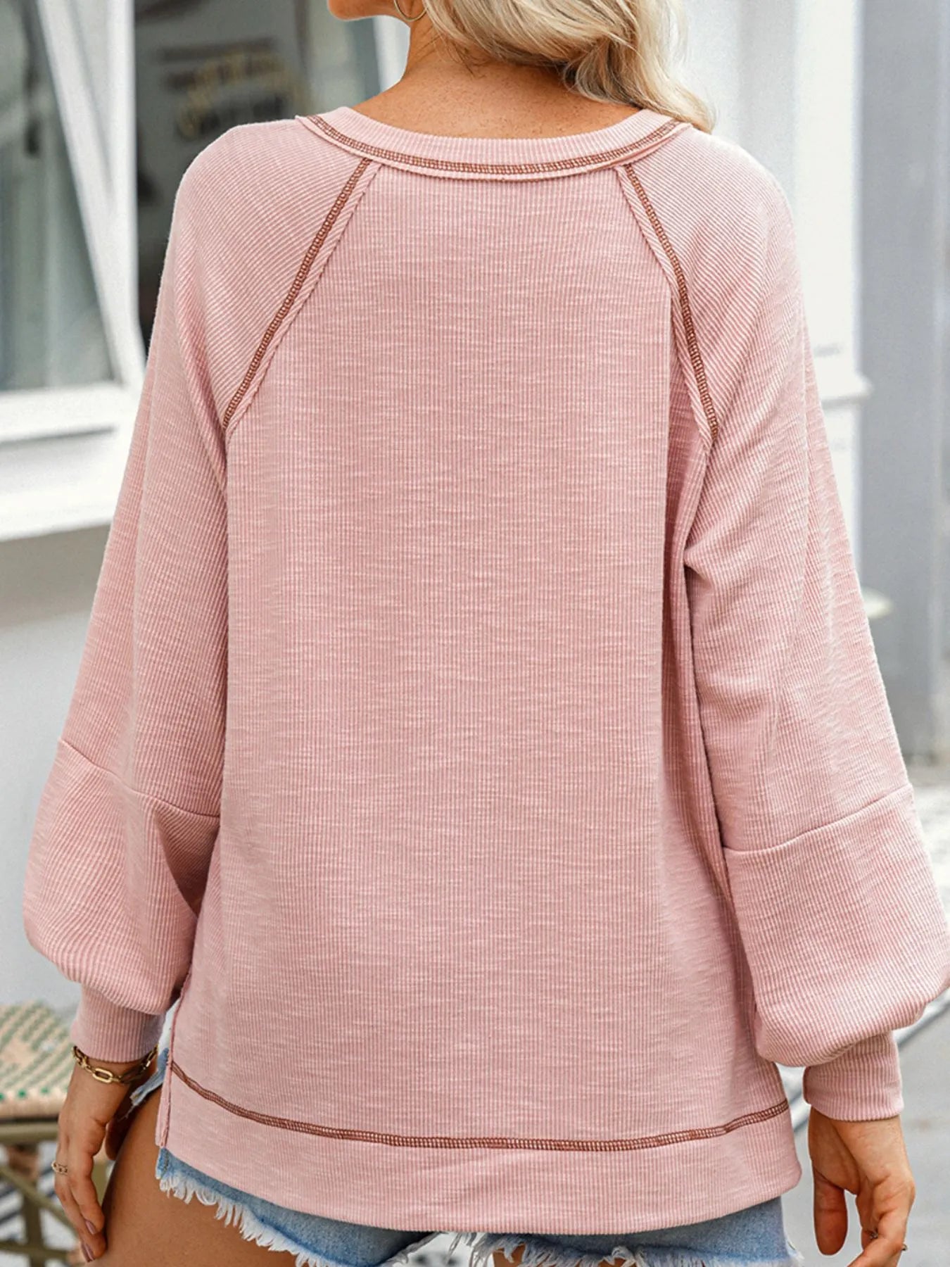 Sarah Express Women's Exposed Seam Ribbed Knit V Neck Top