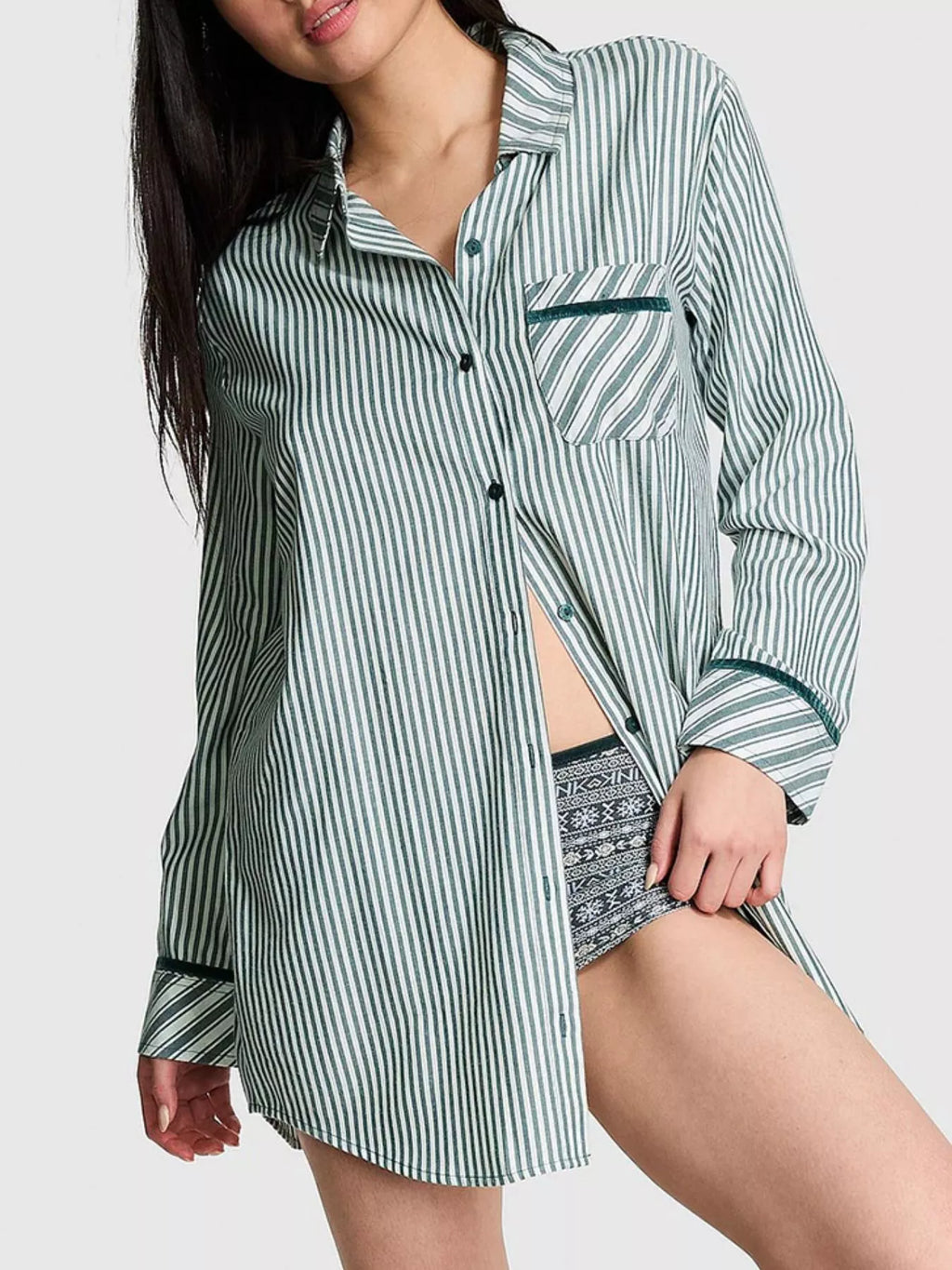Sarah Express Women's Striped Long Sleeve Button-Up Shirt Green