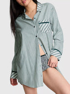 Sarah Express Women's Striped Long Sleeve Button-Up Shirt Green