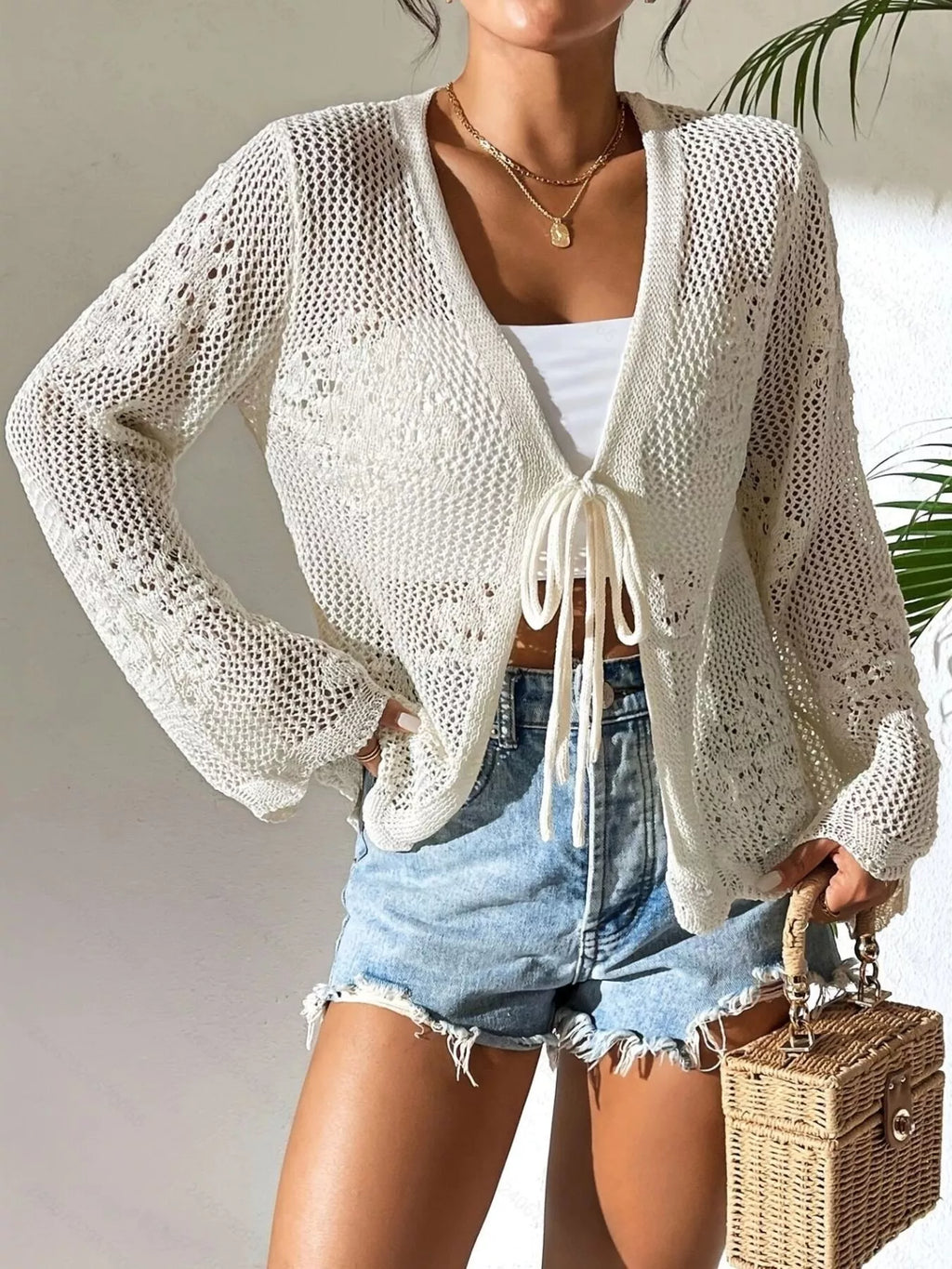 Sarah Express Women's Crochet Knit Tie-Front Cardigan