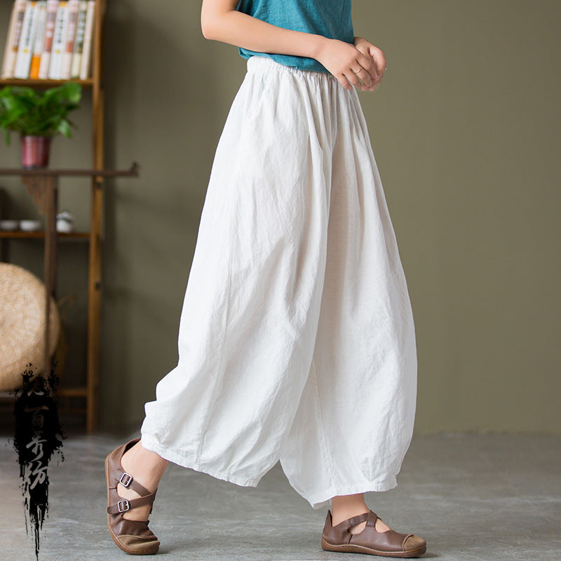 Women's Sand Washed Cotton Linen Bloomers Mid Waist Cropped Loose Pants