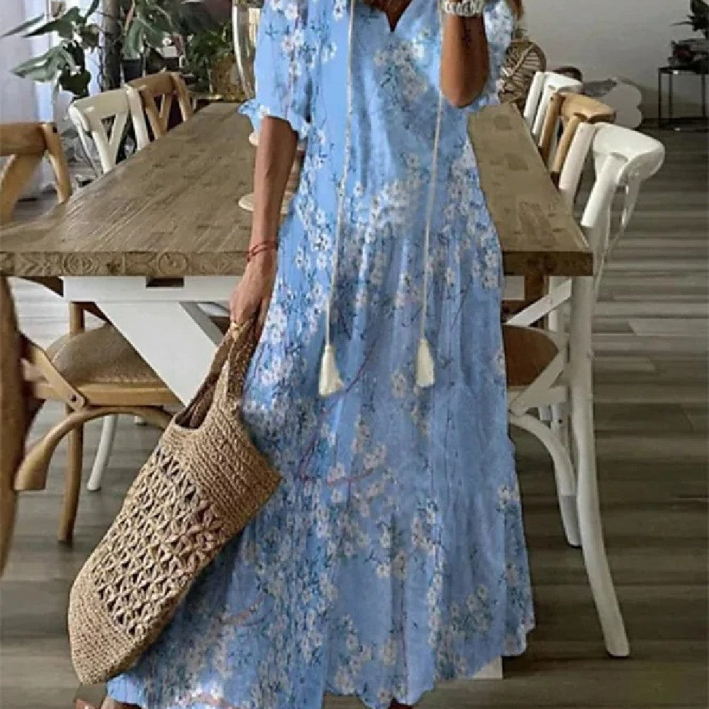 Women's Floral Print V-Neck Maxi Dress Short Sleeve A-Line Pullover