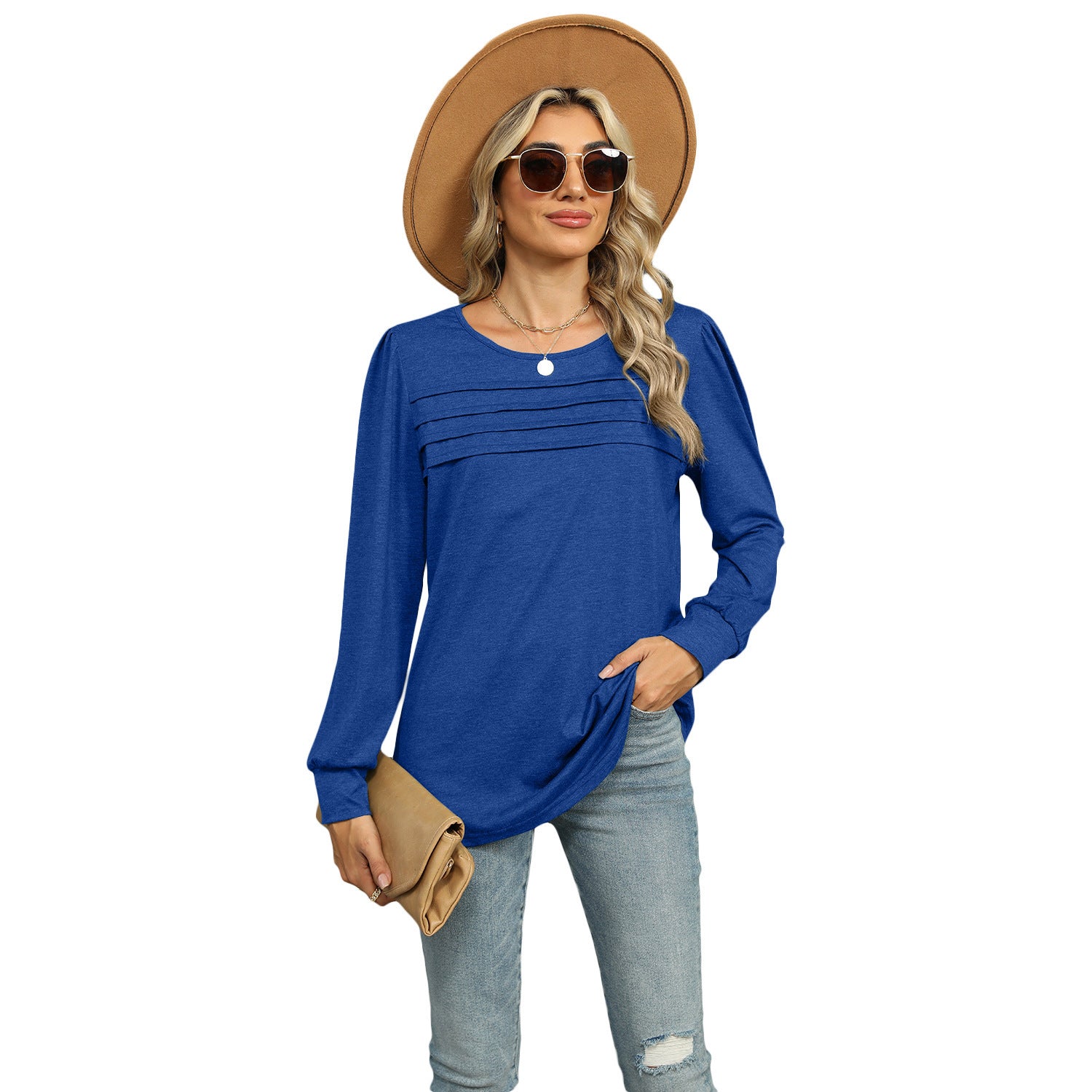 Solid Color U-Neck Pleated Long Sleeve Top for Women