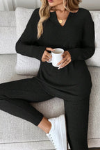 Sarah Express Women's Notched Long Sleeve Top and Pants Set Black