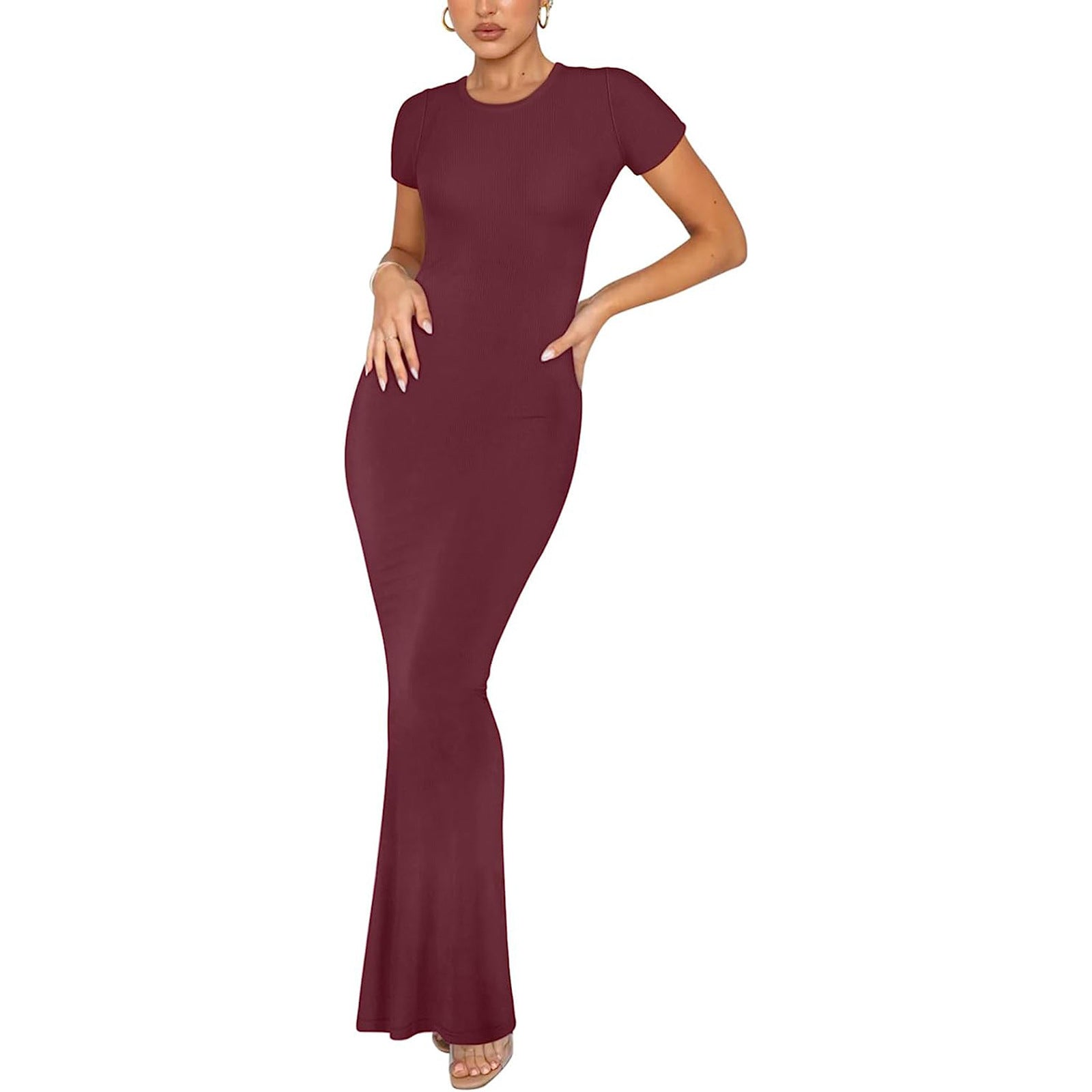 Women's Bodycon Maxi Dress Short Sleeve Round Neck