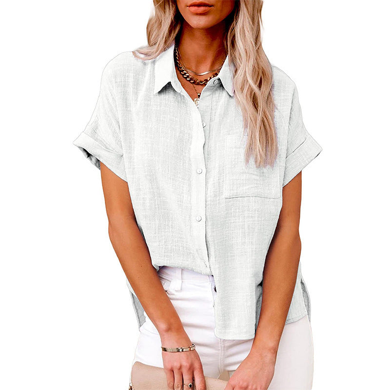 Women's Cotton Linen Short Sleeve Shirt Casual Button Up with Pockets