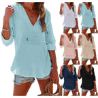 Women's V-Neck Hooded Shirt Long Sleeve Pockets Loose Fit