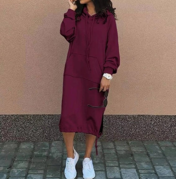 Women's Hooded Sweatshirt Dress Long Sleeve Midi Casual Pockets