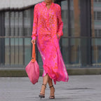 Women's Leopard Print V-Neck Long Sleeve Dress with Pockets